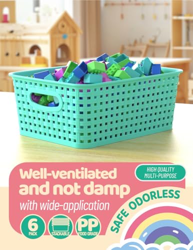 WYT 6-Pack Plastic Small Shelf Storage Weave Baskets Organizing for Cabinets and Pantries, Sky Blue - color: Sky Blue, size: 6-Pack