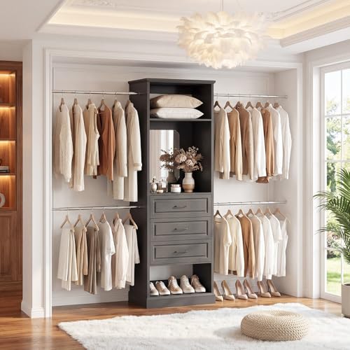 Unikito Closet System, 4FT - 9FT Closet Organizer with Mirror, Luxury Walk in Closet Insert with Drawers and 4 Hanging Rods, Sturdy Wood Wardrobe Closet Garment Rack with 25” Tower, Black - color: Black