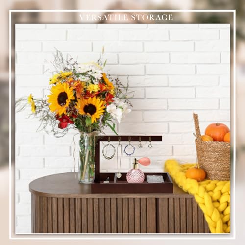 Wonderjune Key Tray for Entryway Table, with 5 Metal Hooks and Wood Base, Vintage Wood Key Tray Stand Holder for Keychain Jewelry Catchall Necklace Jewelry Ring Organizer, 11.8 x 11 x 5.91 Inch