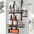 Over the Door Shower Caddy Hanging, Rustproof Shower Shelves with Waterproof Phone Pouch, 2-Tier Adjustable Bathroom Organizers and Storage, No Drilling Shower Shelf, Black Shampoo Soap Holder - size: 2 Tier
