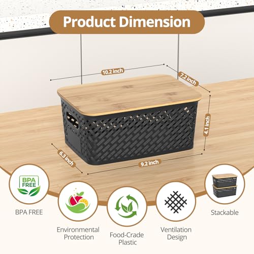 Plastic Storage Bins with Bamboo Lids, Stackable Small Box Baskets for Organizing and Containers for Shelves Drawers Desktop Closet Pantry Classroom Office Home, 6 Pack 10.2x7.2x4.1 Inch, Black - color: Black