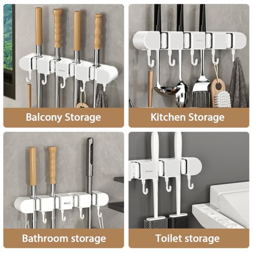 2Pcs Broom Holder Wall Mount, No-Drilling Self-Adhesive Mop and Broom Storage Rack with Hooks (4 Racks with 5 Hooks), Wall-Mounted Broom Hanger for Bathroom, Kitchen, Closet, Garage (White ﻿) - color: White ﻿