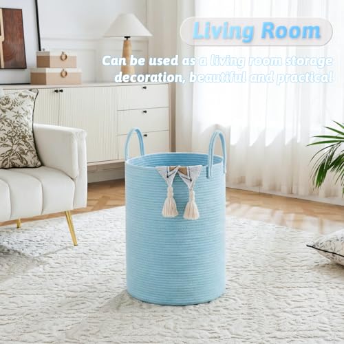 Laundry Basket,Woven Cotton Rope Laundry Hamper,60L for Decor Storage of Dirty Clothes,Toys and Blankets in Bathroom,Baby Room and Living Room - color: Blue, size: 60L
