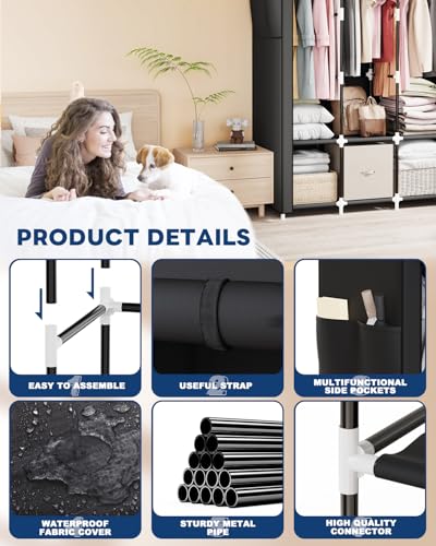 Mavivegue Portable Closet, 50 Inch Wardrobe Closet, Portable Closets for Hanging Clothes with 3 Hanging Rods and 6 Storage Shelves for Bedroom, Black - color: Black, size: 50" W x 17" D x 64" H