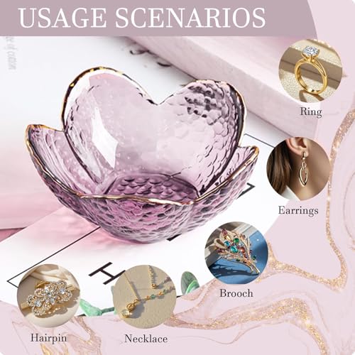 Purple Flower Jewelry Dish Glass Ring Holder Dish Jewelry Tray Cute Vanity Organizer Aesthetic Nightstand Bathroom Room Decor Trinket Dish Mothers Day Friendship Christmas Birthday Gifts for Women - color: Flower Purple