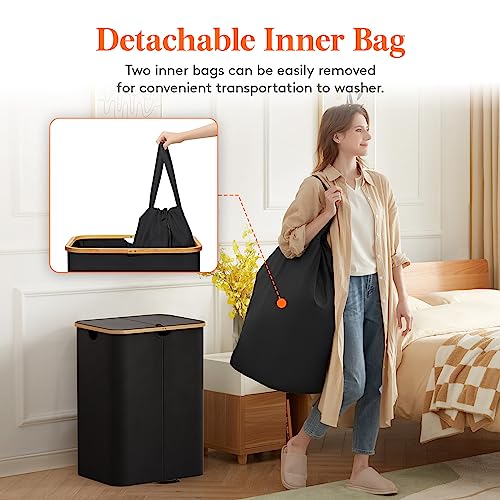 Lifewit 150L Double Laundry Hamper with Lid, Large Laundry Basket with Removable Bag & Bamboo Handles, Fodable Tall Dirty Clothes Hamper for Laundry Collapsible Bin for Bathroom Bedroom Dorm, Black - color: Black, size: 150L