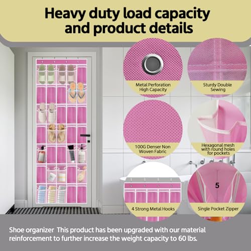 PAULONE 35 Pocket Over the Door Shoe Organizer,Reusable Breathable Large Mesh Bag Men's & Women's Sneaker Organizer,Shoe Organizer for Kids,Hanging Shoe Storage Hanging Bag (Pink) - color: Pink
