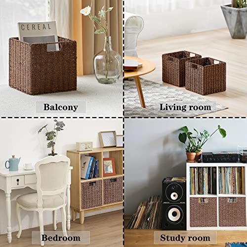 Vagusicc Wicker Storage Basket, Set of 2 Hand-Woven Storage Baskets for Shelves with Handles, Foldable Cube Storage Baskets Bins Organizer, 13 inch Large Wicker Baskets for Pantry Bedroom Decor, Brown - color: Brown, size: 13'' x 13'' x 13''