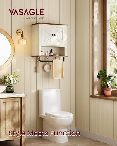 VASAGLE LIRY Collection - Bathroom Wall Cabinet, Farmhouse Wall-Mounted Medicine Storage Cabinet with 2 Barn Doors, Adjustable Shelf, Towel Bar, 7.9 x 18.1 x 24 Inches, Rustic White UBBK132W01S - size: 7.9"D x 18.1"W x 24"H