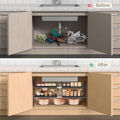 Expandable 2-Tier Under Sink Organizer, 8 Removable Plastic Boards, Tool-Free Installation (Black, 2-Tier 8 Boards) - color: Black, size: 2-TIER 8 Boards