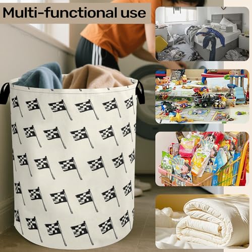 Racing Flag Foldable Canvas Laundry Basket with Handles - Toy Organizer, Heavy Duty for Home，Bedroom, Dorm, Bathroom - color: Racing Flag
