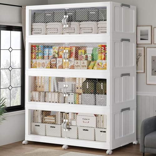 960QT Extra Large Stackable Storage Bins with Lid, 240Gal Plastic Closet Organizers and Storage Drawer, Collapsible Cabinet Box with Wheels Clear Doors for Home Kitchen Office, 4Pack White - size: 240QT, style: 4Pack