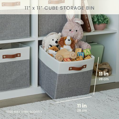 OrganiHaus 11" x 11" x 11" Fabric Cube Storage Bins Set of 4, Foldable Collapsible Canvas Storage Bins for Organizer, 11 inch Cubbies Organizer for Kallax, Linen Cube Shelf Baskets - Grey/White - color: Gray Base / Off-White, size: (11x11) Leather Handles