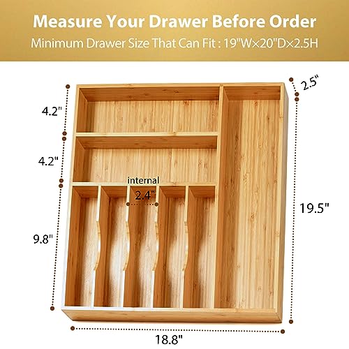 Umilife Large Kitchen Drawer Organizer, 19"x20" Silverware Utensils Organizer, 2.5" High for Large Deep Drawers, Bamboo Flatware Holder with Thick Frames, Sturdy Kitchen Organization Tray - size: 19 x 20 inch (8 Slots)