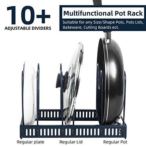 ROOHUA Expandable Pot and Pan Organizer - Cabinet Pot Lid Holder with 10 Adjustable Compartments for Cookware, Baking, Frying (Dark Blue, 10) - color: Dark Blue