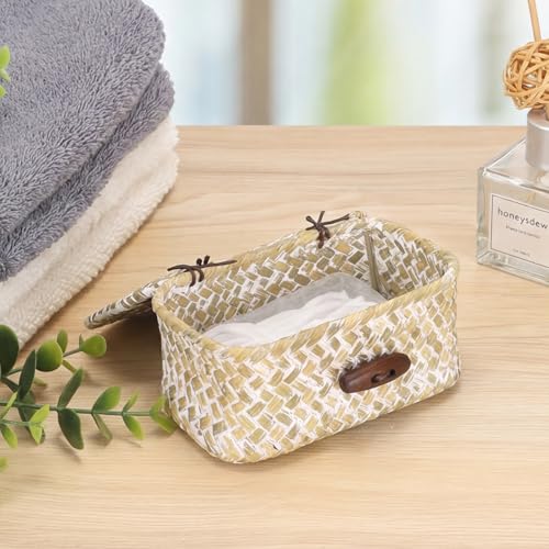 Hipiwe Wicker Shelf Basket Box with Lid Decorative Basket Handwoven Seagrass Storage Organizer Basket Decorative Basket, Whitewas 4.3" x 2.5" x 2.1" - color: Whitewash color, size: 4.3" x 2.5" x 2.1"