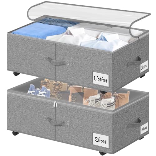 Under Bed Storage with Wheels, 2-Pack 10" Height XXL 60L Rolling Storage Bins, Quick Assembly Underbed Shoe Storage Containers with Clear Lid & Label, Dorm Under Bed Drawers for Clothes, Shoes, Grey - color: Grey-2 Pack, size: 10 Inch Tall - Clear Lid