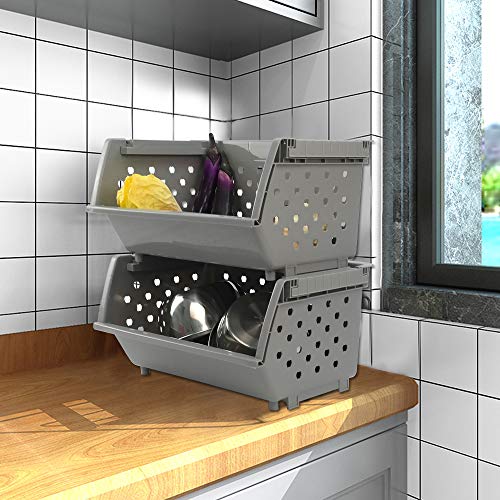 3 Pack Plastic Stacking Organizer Basket, Open Front Large Stackable Storage Bins, Gray