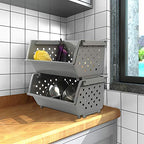 3 Pack Plastic Stacking Organizer Basket, Open Front Large Stackable Storage Bins, Gray