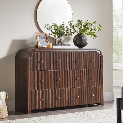 T4TREAM Fluted Dresser for Bedroom with 6 Drawers, 54" Wide Modern Chest of Drawers with Thickened Curved Profile Design, Wood Dressers TV Stand for Bedroom, Living Room, Hallway, Dark Walnut - color: Dark Walnut, size: 15.75"D x 54"W x 36"H(6 Drawers)