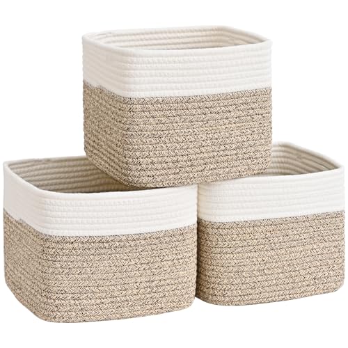 3 Pack Cube Storage Bin, 9”x9”x7” Cotton Rope Woven Baskets for Organizing Toys Clothes Towels, Square Gift Storage Baskets for Shelves, Nursery, Closet, Bathroom, Pantry (White & Jute) - color: White & Jute, size: 9" x 9" x 7"