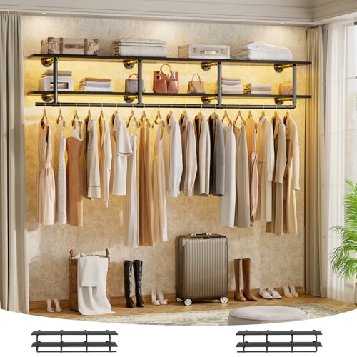 Aheaplus Industrial Pipe Clothes Rack with Top Shelf, 59In Space-Saving Wall Mounted Clothing Rack, 2 Tiers Heavy Duty Pipe Clothing Shelves with Hanging Rod for Laundry Room, Closet Storage, Black - color: Black, size: 59IN