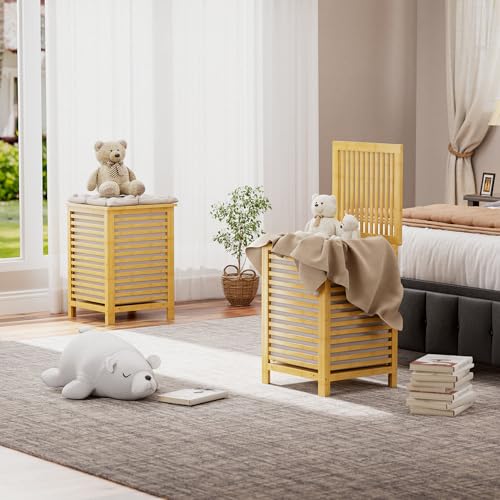 SMIBUY Double Laundry Hamper with Lid, 120L Bamboo Laundry Basket with Removable Liner Bag, 2-Section Clothes Divider Laundry Sorter for Laundry Room, Bathroom, Bedroom (Natural) - color: Natural