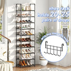 Simple Trending Tall Shoe Rack for Closet, 10 Tiers Narrow Shoe Shelf Holds 20 Pairs, Shoe Organizer Storage with Hooks, Black - size: 10 Tiers Narrow, Black