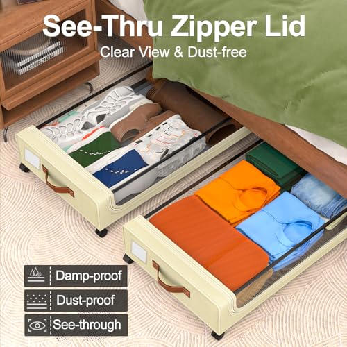GoMaihe Under Bed Storage with Wheels: 48L Underbed Storage Containers with Lids - Rolling Bins for Shoes Clothes in Dorm Bedroom - Metal Drawers Easy Pull-out Beige 2-Pack - color: Beige, size: Large(2Pack)