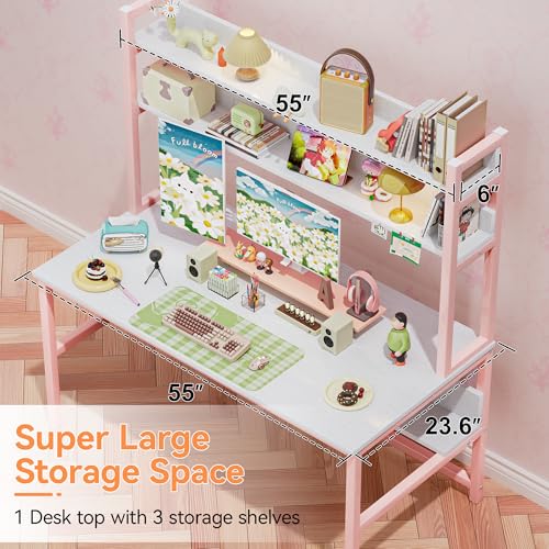 Aquzee Pink Girls Desk with Hutch, 55in Computer Desk with Bookshelf for Teens Adults, Craft Table for Bedroom Kids Room, White Pink Study Table with Shelves for Storage - color: Pink, size: 55inch