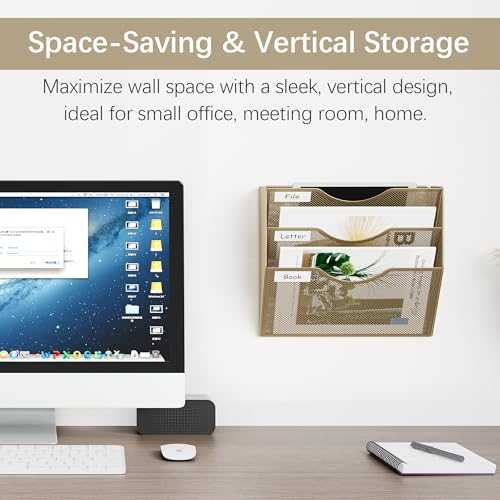 EasyPAG 3 Pocket Mesh Wall File Organizer, Hanging Paper Folder Holder with Classify Label, Vertical Wall Mount Mail Organizer for Office Home Classroom, Gold - color: Gold, size: 3 Tier