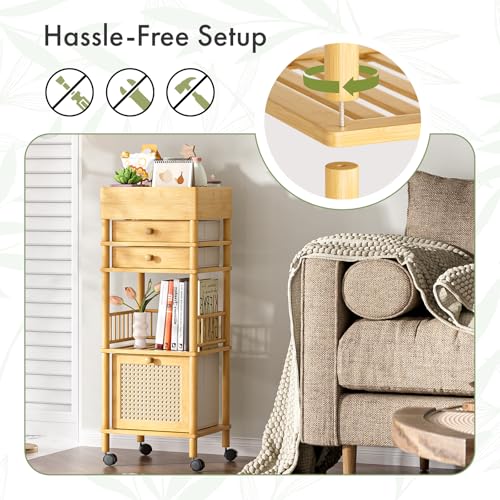 Amazer Bamboo Makeup Organizer Cart with 3 Drawers, Floor Skin Care Storage for Bathroom Bedroom, Rolling Vanity Organizer Cart for Cosmetic, Nail Polish, Perfume and Hair Tools - color: Natural Color