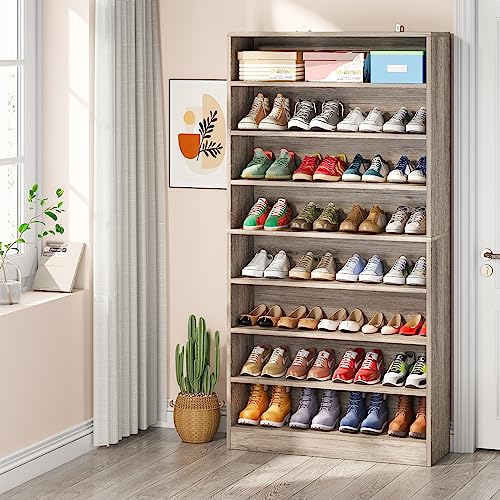 Tribesigns Tall Shoe Cabinet, 9 Tiers 40-45 Pairs Heavy Duty Wood Freestanding Shoe Storage Cabinet, 70.8'' Tall Shoe Cabinet with Open Storage for Entryway (1, Beige Gray) - color: Beige Gray