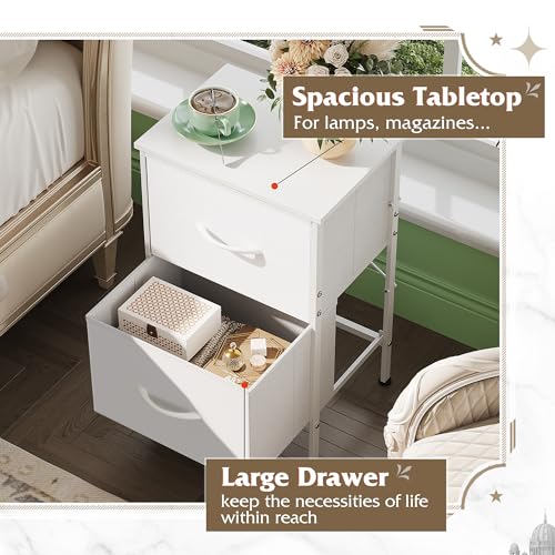 WLIVE White Night Stand, Small Dresser with 2 Drawers & Wooden Top, Nightstand with Fabric Bins, Bedside Table End Table for Bedroom, Closet, Entryway, College Dorm, White - color: White, size: 11.8"D x 15.7"W x 24.9"H