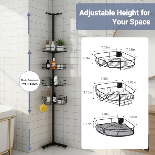 Standing Shower Caddy Corner, 4-Tier Adjustable Height Bathroom Organizer, 6-Section Pole, Sturdy Floor Standing Shelf for Shower or Bathtub – No Drilling, No Spring Tension