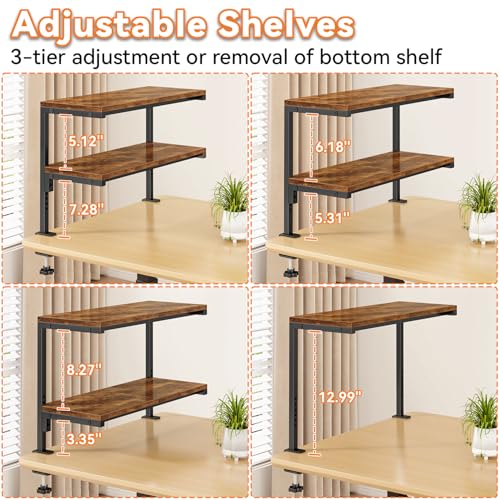 IBUYKE Clamp on Desk Shelf, 22.8” Large Desk Extender Shelves,Tool-Free Flexible Repositioning and Adjustable 2-Tier Storage Shelves for Desktop Accessories Below Desk TMZ010H - color: Brown