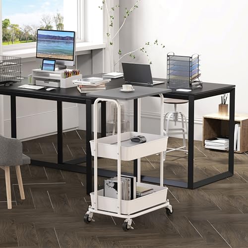 Simple Houseware 2-Tier Rolling Utility Cart with Lockable Wheels and Wood Top, Metal Storage Organizer Trolley for Kitchen, Bathroom, Office, Craft Room, Grey - color: Grey