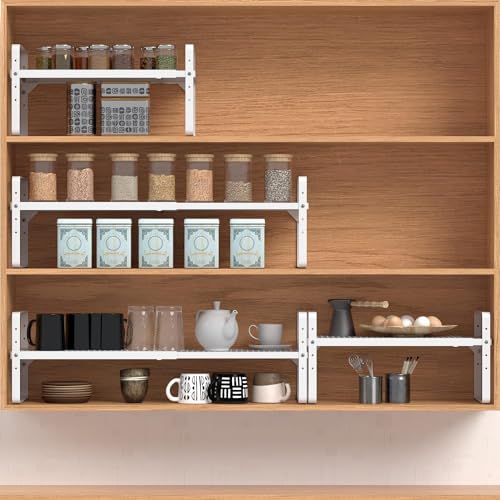 Expandable Cabinet Shelf Organizer Adjustable Metal Spice Rack Stackable Freestanding Counter Storage Shelves for Kitchen Cabinet Under Sink Office Desk (White - 3Pack - L16.5-27'' * W8'' * H9.6'') - color: White - 3pack - L16.5-27'' * W8'' * H9.6''