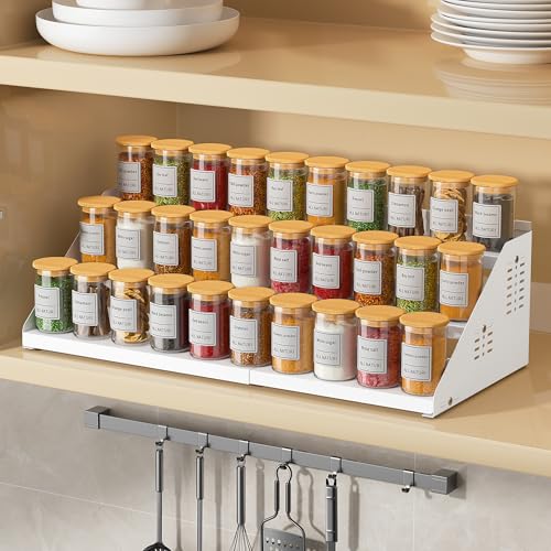 BOIVSHI Spice Rack, Spice Organization for Cabinet - Expandable Width, 3 Tiered Spice Rack Organizer for Cabinet - Adjustable Height, Seasoning Organizer for Cabinet, Countertop, Pantry, White - color: White