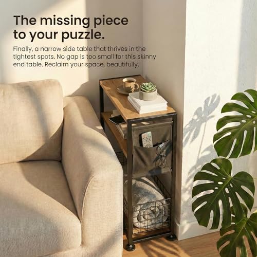 Skinny Side Table with Storage, 3 Tier Slim Side Tables for Small Spaces, Skinny End Table Narrow Bedside Table Narrow Side Table for Living Room, Bedroom - color: Oak