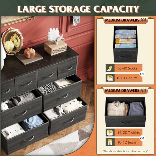 WLIVE Dresser for Bedroom with 8 Drawers, Wide Fabric Dresser for Storage and Organization, Bedroom Dressers, Chest of Drawers for Living Room, Closet, Hallway, Charcoal Black Wood Grain Print - color: Charcoal Black Wood Grain Print, style: 8 Drawers