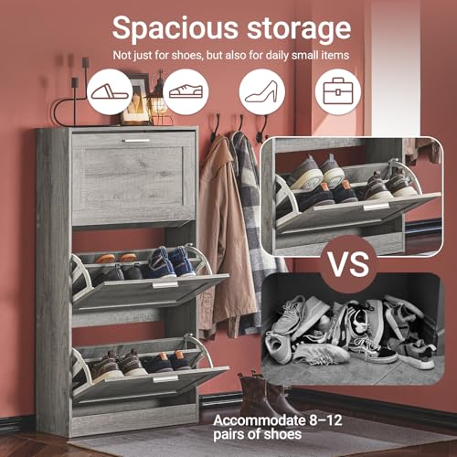 Haotian Shoe Storage Cabinet Entryway, Freestanding Shoe Cabinet with 3 Flip-Drawers Fully Enclosed Tall Shoe Rack Shoe Organizer, Grey, FSR137-L-HG - color: Grey, size: 3-Drawers