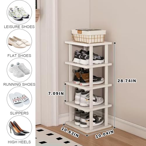 SAN HE Bamboo Shoe Rack 5Tier- Vertical White Shoe Rack for Small Spaces, Tall Narrow Shoe Rack Organizer for Closet Entryway Corner Garage and Bedroom,Skinny Shoe Shelf with Free Stackable DIY - color: White, size: 5-tier