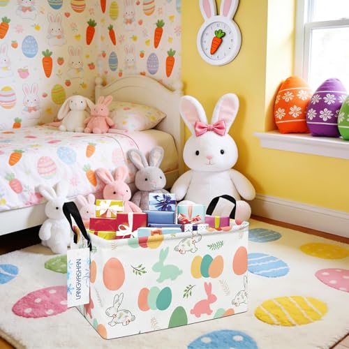 LANGYASHAN Rectangular Storage Bin Collapse Canvas Fabric Cartoon Storage Basket with Handles for Organizing Home Kitchen Boys and Girls Toys Office Closet Shelf Baskets (Rec Rabbit Easter Egg) - color: Rec Rabbit Easter Egg