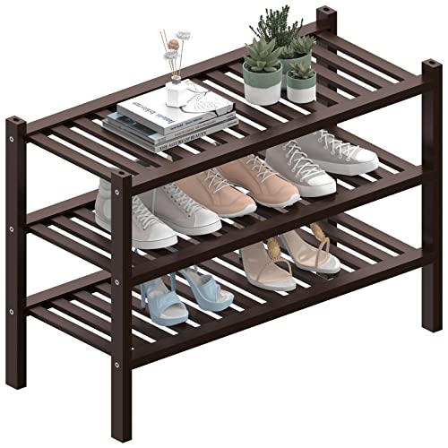 ROMGUAR CRAFT 3 Tier (Thick) Bamboo Shoe Rack for Closet Free Standing Wood Shoe Shelf for Entryway Small Space Stackable 27"x12"x21" (Black Brown) - color: Brown, size: 3 Tier(Thick)