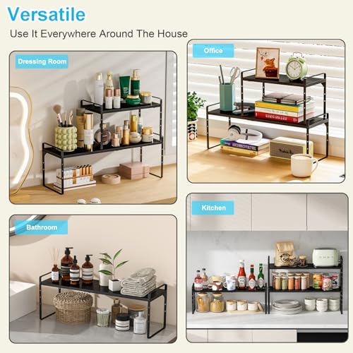 15.5 to 25.5 Inch Kitchen Cabinet Shelf Organizers, Adjustable Kitchen Counter Shelf Organizer, Set of 4 Expandable Countertop Storage Shelves, Stackable Design, 30LBS Heavy Duty, Space Saver - color: Black