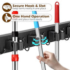 Mop and Broom Holder Over the Door, Wood Broom Hanger, Broom and Mop Organizer with 4 Slots and 7 Hooks, Drilling-Free Mop and Broom Holder for Garage, Laundry Room, Broom Hanger and Storage Tool
