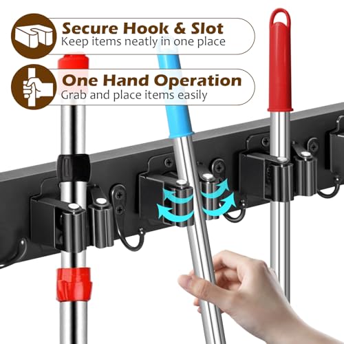 Mop and Broom Holder Over the Door, Wood Broom Hanger, Broom and Mop Organizer with 4 Slots and 7 Hooks, Drilling-Free Mop and Broom Holder for Garage, Laundry Room, Broom Hanger and Storage Tool