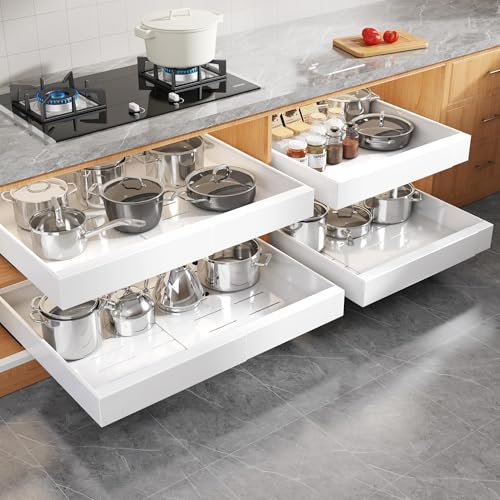 Seinloes 4 Pack Expandable Width (15.15"-26.3") Pull Out Cabinet Organizer 21" Deep with Raising Pad for Framed Cabinets, Upgrade 3 Slide Rails Slide Out Drawers, Roll Out Shelves Adhesive, White - color: White, size: 21"D x 15.15"-26.3"W(4Pack)