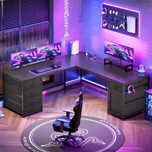 SEDETA L Shaped Desk, 63'' Corner Desk with 5 Drawer & Power Outlet, Larger Home Office Desk or Gaming Desk, L Shaped Corner Desk with Monitor Shelf, Storage Cabinet, Black - color: Black